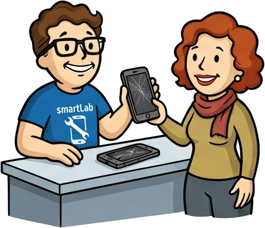 Il tecnico smartLab accoglie la cliente al bancone e valuta lo smartphone con lo schermo rotto