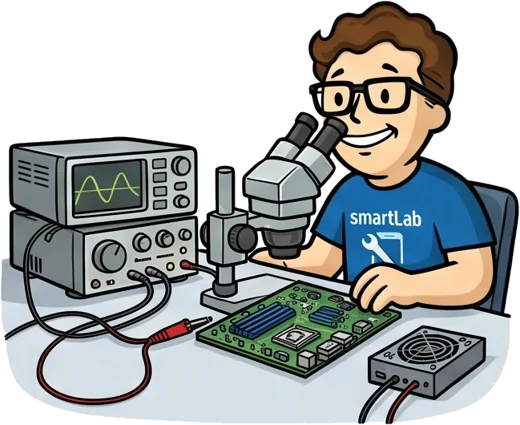 Il tecnico smartLab esegue la diagnosi di una scheda madre al microscopio con oscilloscopio