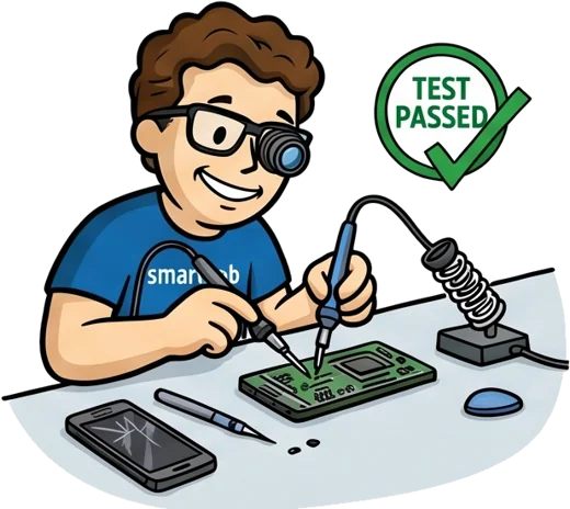 Il tecnico smartLab esegue una microsaldatura su una scheda elettronica, test superato