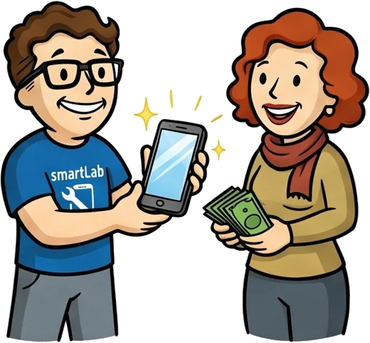 Il tecnico smartLab consegna alla cliente lo smartphone riparato