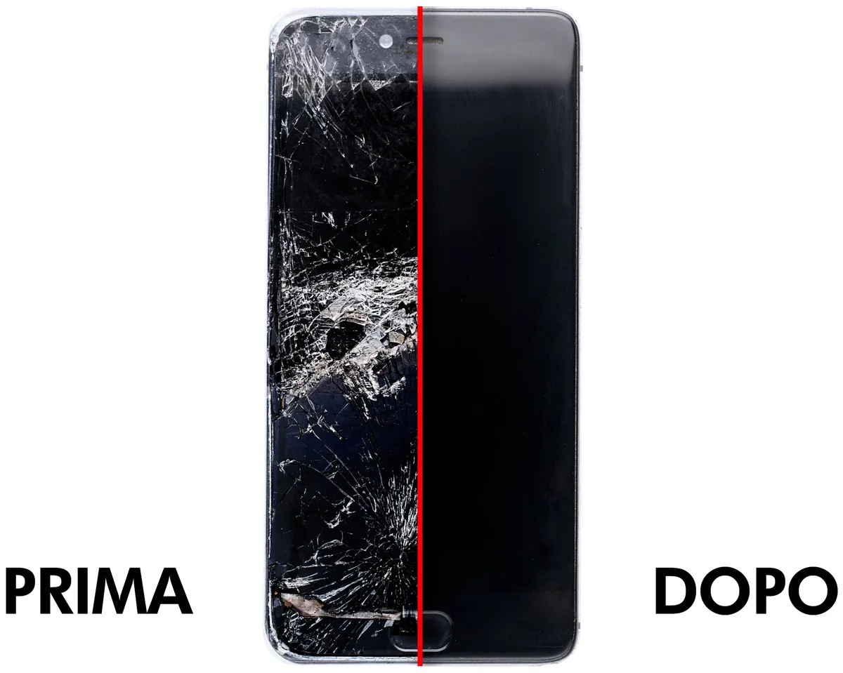 Smartphone con lo schermo rotto prima della riparazione e con il display nuovo dopo la sostituzione